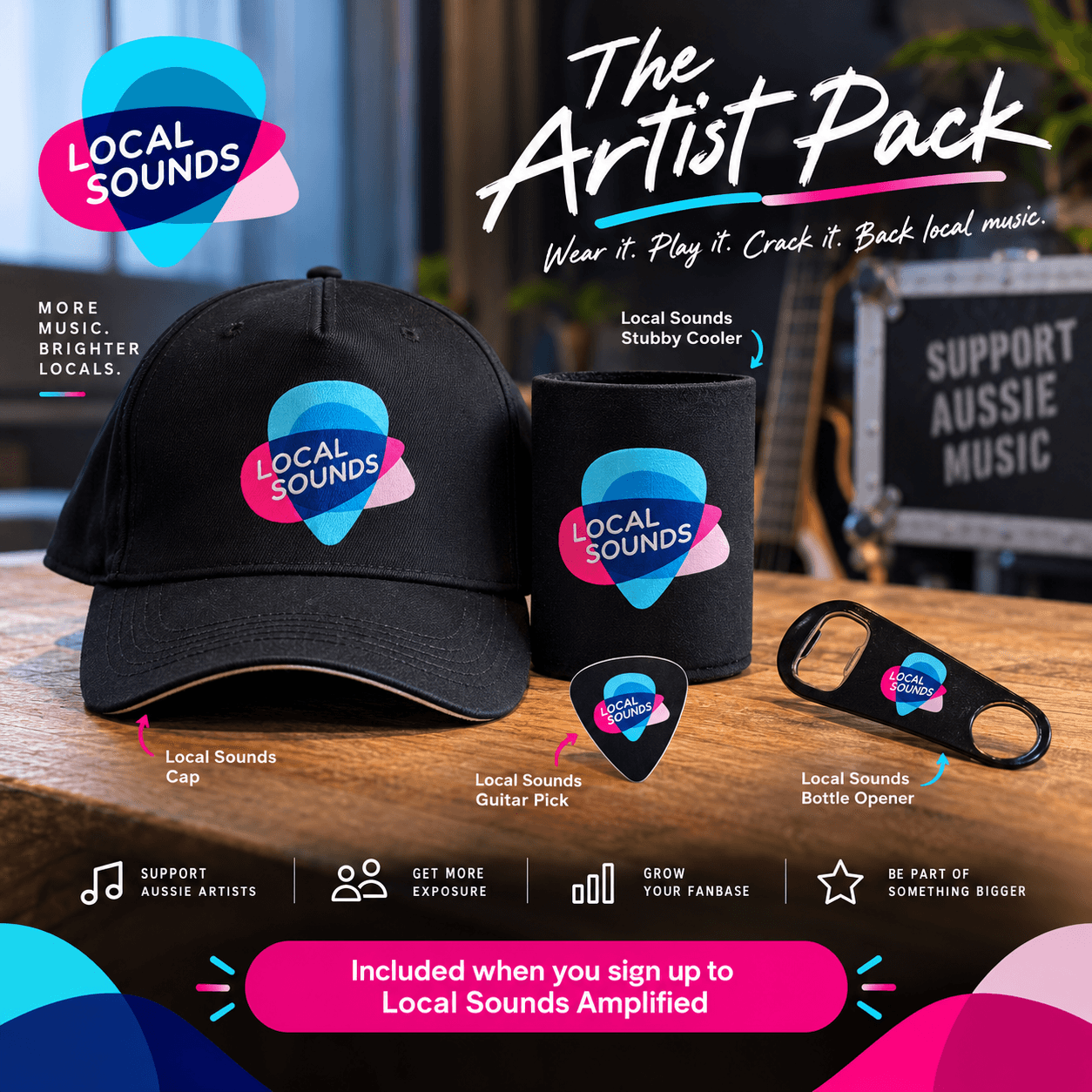 Local Sounds Merch Pack with cap, stubby cooler, bottle opener and guitar pick